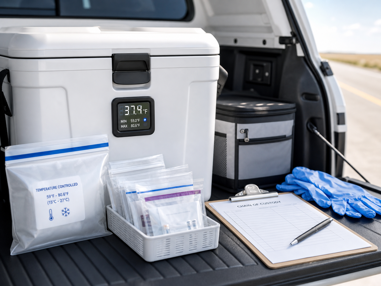 Organized controlled-temperature courier equipment for specimen transport